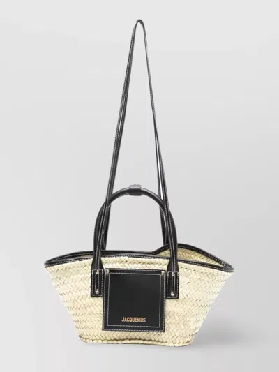 Jacquemus Woven Wicker Beach Bag With Contrast Stitching In Black