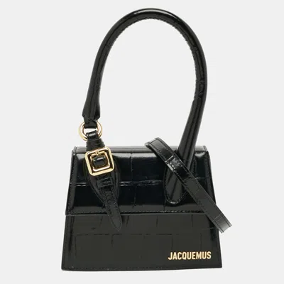 Pre-owned Jacquemus The Medium Chiquito With Buckle Black Croc Embossed Leather Top Handle Bag
