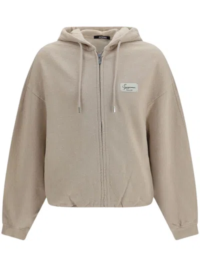Jacquemus The Montagne Hooded Zip Sweatshirt With Drawstring Waist In Beige
