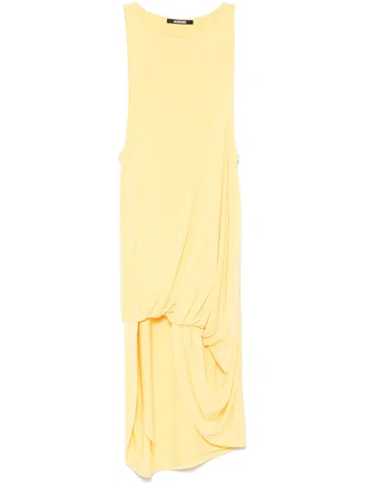 Jacquemus Draped Yellow Mini Dress With Unique Hem Knot In Multicolor