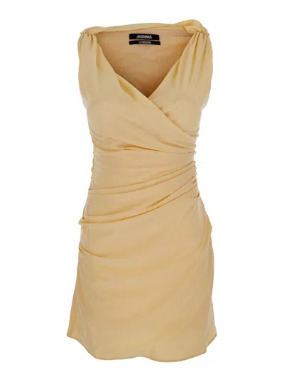 Jacquemus The Rita Beige Dress With V-neck And Draped Details In Cotton Woman
