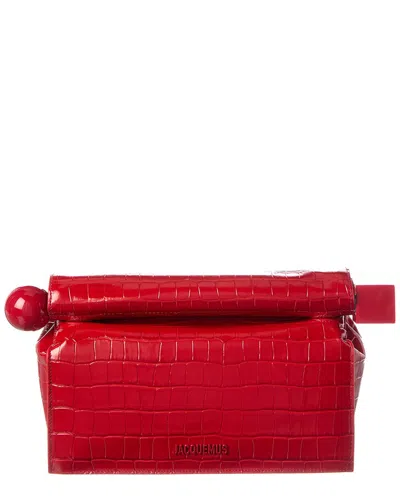 Jacquemus The Rond Carre Croc-embossed Leather Clutch In Red