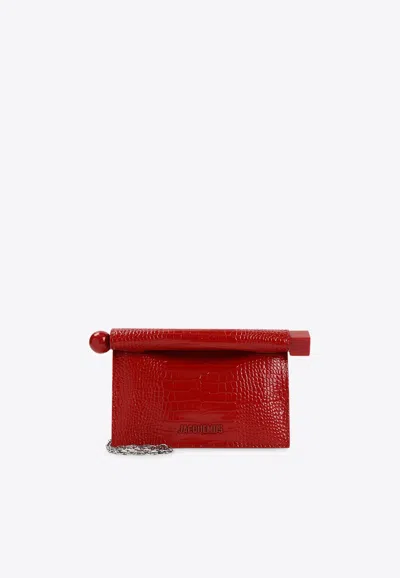 Jacquemus The Small Rond Carré Clutch In Croc-embossed Leather In Red
