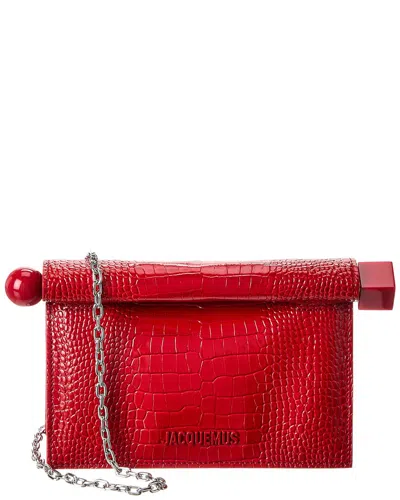Jacquemus The Small Rond Carre Croc-embossed Leather Clutch In Red