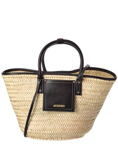 Jacquemus The Soli Palm & Leather Tote In Black