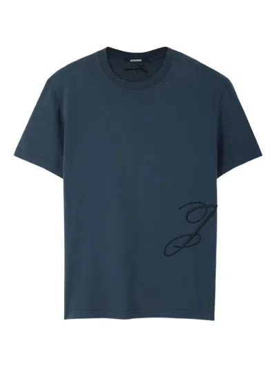 Jacquemus Mens Dark Navy Logo-embroidered Cotton T-shirt In Black