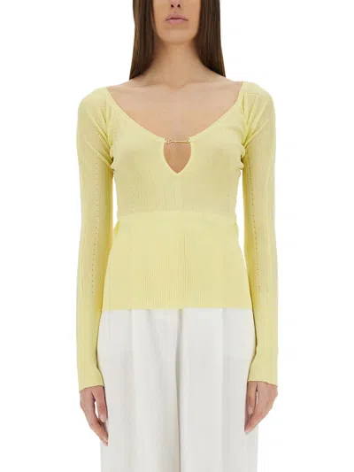 Jacquemus Slim Fit V-neckline Long Sleeves Ribbed Hem In Yellow