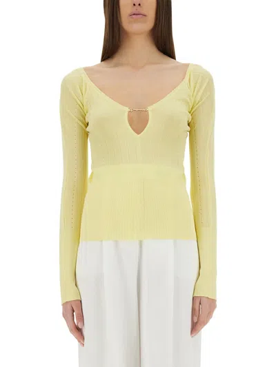 Jacquemus Slim Fit V-neckline Long Sleeves Ribbed Hem In Yellow
