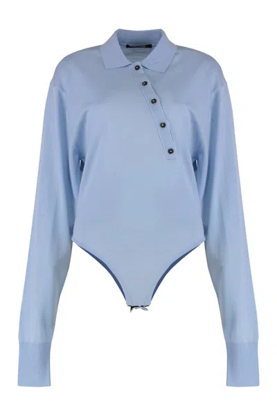 Jacquemus Collared Long-sleeve Knit Bodysuit In Blue