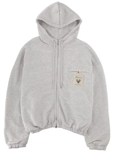 Jacquemus Light Grey Zip-up Hoodie With Embroidered Detail In Gray