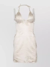 JACQUEMUS TIE NECK SATIN DRESS WITH FEATHER EMBELLISHMENTS
