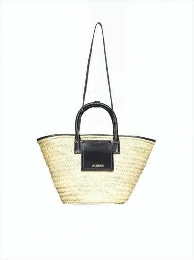 Jacquemus Trapezoidal Woven Straw Tote Bag With Leather Accents In White