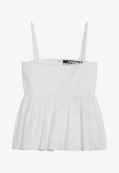 Jacquemus Top Le Haut Traversin White With V-neck And Ruffle Details In Cotton For Women
