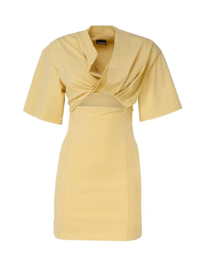 Jacquemus Bahia Twisted Cotton Mini Dress In Giallo