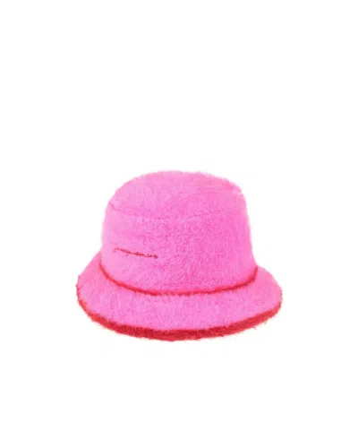 Jacquemus Two-tone Knitted Bucket Hat In Rose Red