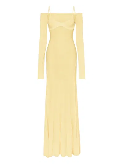 Jacquemus Valensole Off-shoulder Ribbed Knit Maxi Dress In Yellow