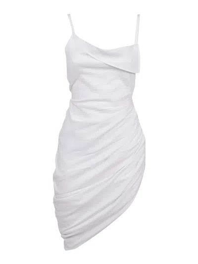 Jacquemus Saudade Asymmetric Draped Mini Dress In Blanco
