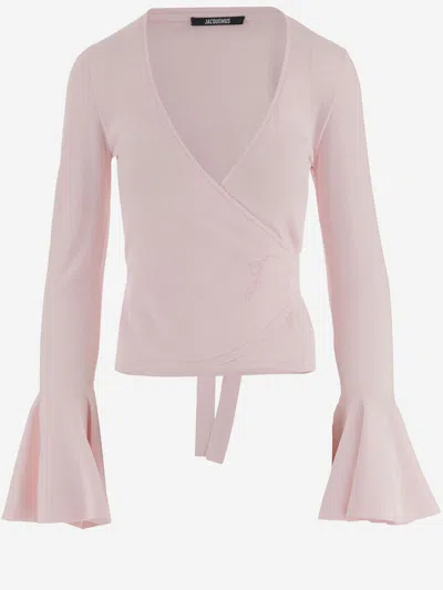 Jacquemus Viscose Wrap With Flared Sleeves Sweater In Pink