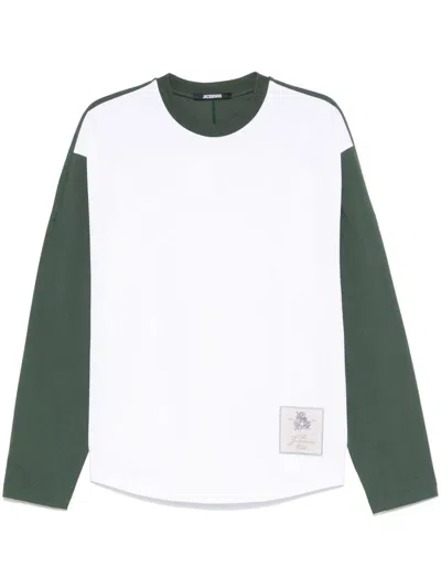Jacquemus 'le Tshirt Baseball Ml' White And Green T-shirt With Lettering Logo Printed On The Back