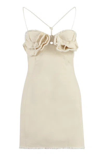 Jacquemus White Cotton Mini-dress With Adjustable Straps And Ruffled Sweetheart Neckline For Women In Ivory