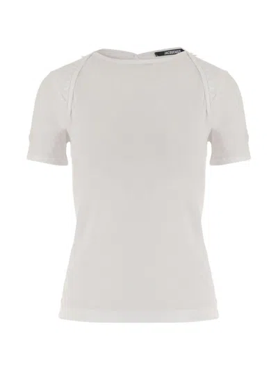 Jacquemus Short-sleeved Cotton T-shirt With Passementerie Trim And Embroidered Logo In White