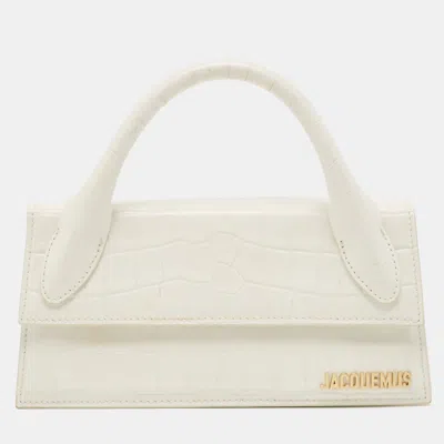 Pre-owned Jacquemus White Croc Embossed Leather Long Le Chiquito Top Handle Bag