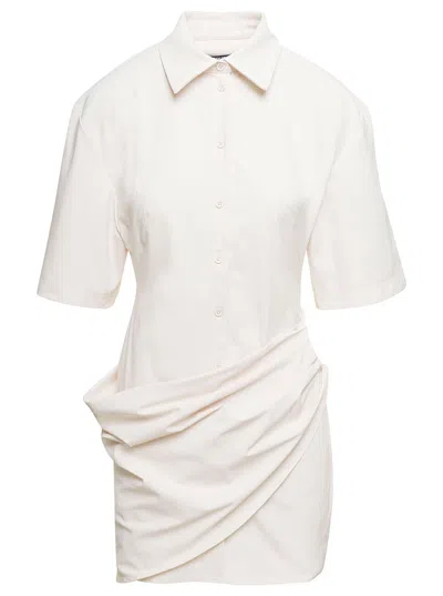 JACQUEMUS WHITE SHIRT DRESS LA ROBE CAMISA IN COTTON BLEND WOMAN