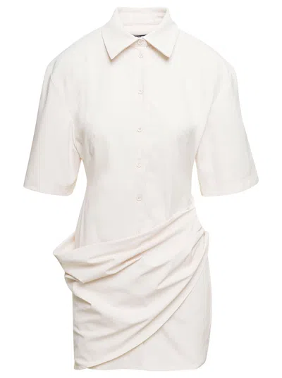 Jacquemus Cutout Draped Stretch-twill Mini Shirt Dress In Ecru