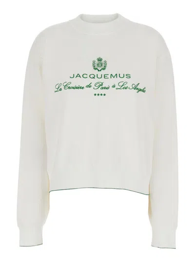 JACQUEMUS WHITE SWEATER WITH LOGO EMBROIDERED ON THE FRONT AND SHORT DESIGN
