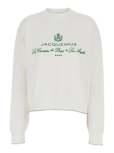 JACQUEMUS WHITE SWEATER WITH LOGO EMBROIDERED ON THE FRONT AND SHORT DESIGN IN COTTON WOMAN