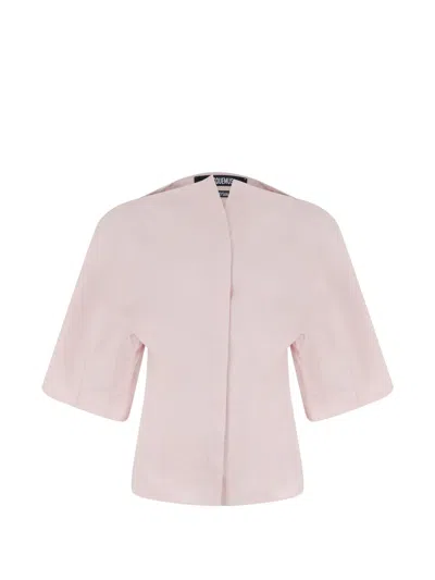 Jacquemus -inspired Cotton Poplin Blouse With Wide Sleeves And Classic Collar In Pink