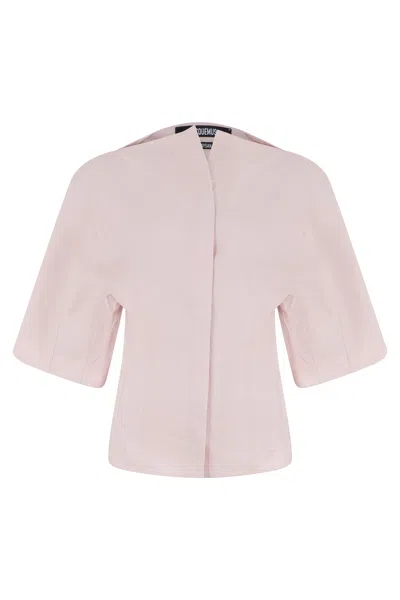 Jacquemus -inspired Cotton Poplin Blouse With Wide Sleeves And Classic Collar In Pink