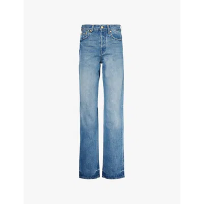 JACQUEMUS WOMENS BLUE/TABAC FADED-WASH STRAIGHT-LEG MID-RISE JEANS