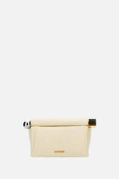 Jacquemus Structured Round Clutch With Gold Logo And Unique Detail In Neutral