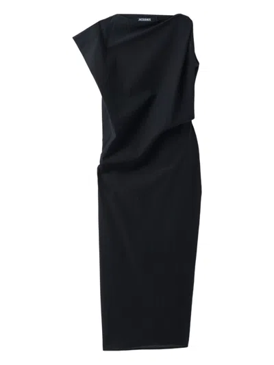 Jacquemus Drap Cotton-blend Poplin Midi Dress In Black