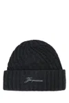 Jacquemus Le Bonnet Tourni Grey Beanie With Turn-up Brim And Logo Lettering On The Front In Wool Man In Blue