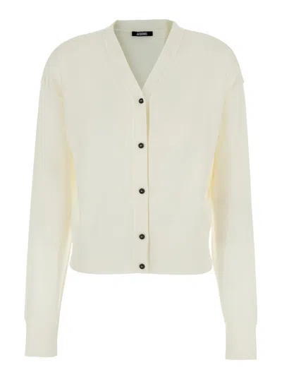 Jacquemus White V-neck Cardigan With Back Logo Lettering In Wool Woman