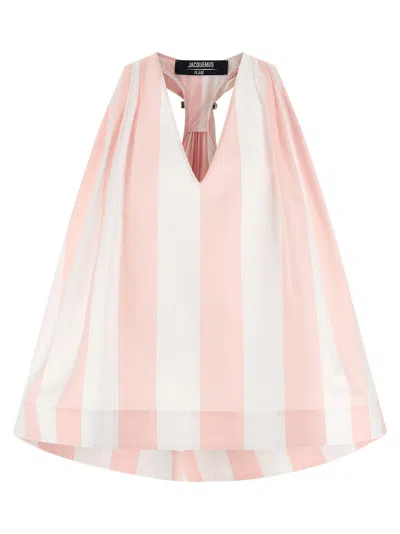 Jacquemus White Striped Print Cotton Tank Top In Pink