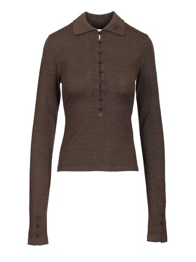 Jacquemus Women Long-sleeved Merino Wool Polo Shirt In Brown
