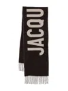 Jacquemus Rectangular Scarf With Fringed Edges And Bold Lettering In Brown