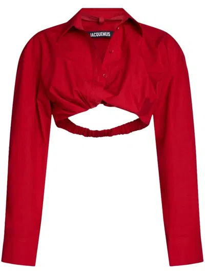 Jacquemus Cropped Cotton Poplin Shirt With Twist Detailing In Red