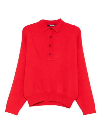 Jacquemus Pallone Vareuse-style Knit Polo Sweater In Red