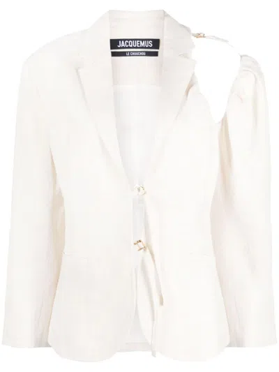 Jacquemus Women's White Asymmetrical Blazer With Cut-out Detailing And Gold-tone Hardware