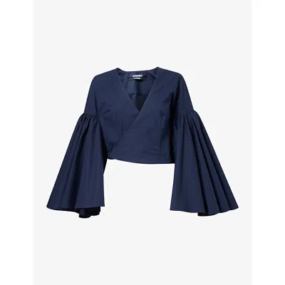 Jacquemus Womens Dark Navy Le Paysan Long-sleeve Cotton Wrap Top In Blue
