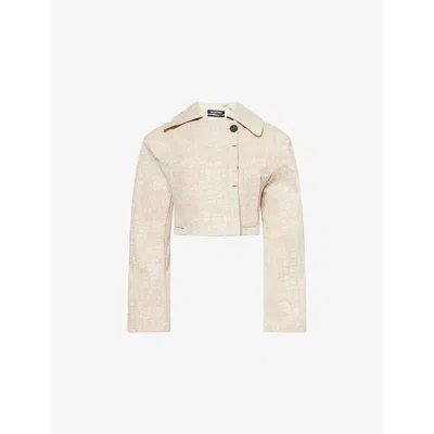Jacquemus Womens  Croc-effect Cropped Denim Jacket In Croco Beige