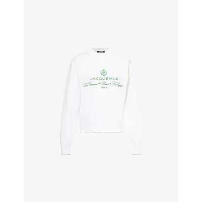 Jacquemus Womens Hotel Address White The Venice Embroidered-text Woven-knitted Top