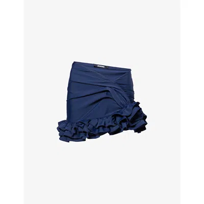 Jacquemus Womens La Playa Ruffled Jersey Mini Skirt Navy In Blue