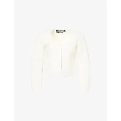 Jacquemus Womens Bicolor Tweed Off-white La Veste Cropped Woven Cardigan