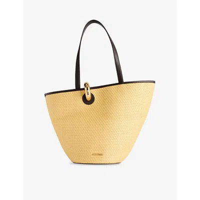 Jacquemus Womens The Bambola Asymmetric Raffia-effect Woven Bucket Bag Natural / Dark Brown