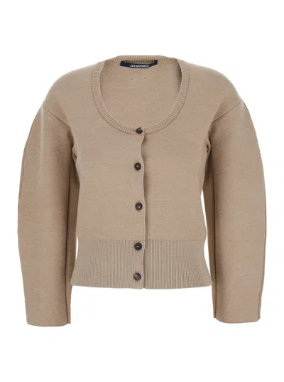 Jacquemus Wool Blend Ribbed Cardigan In Beige